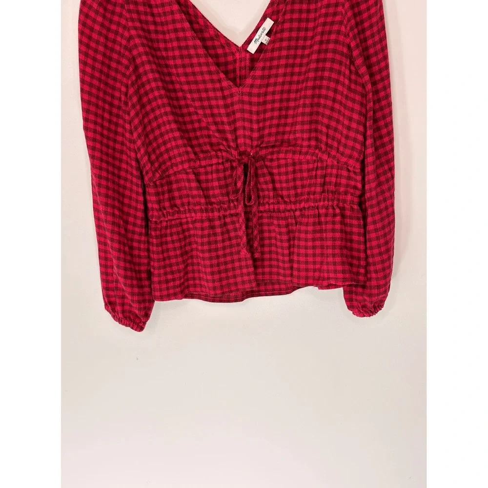 Madewell Crinkled‎ V-Neck Peplum Top Plaid Hibiscus Blouse Crinkled Drapey Small